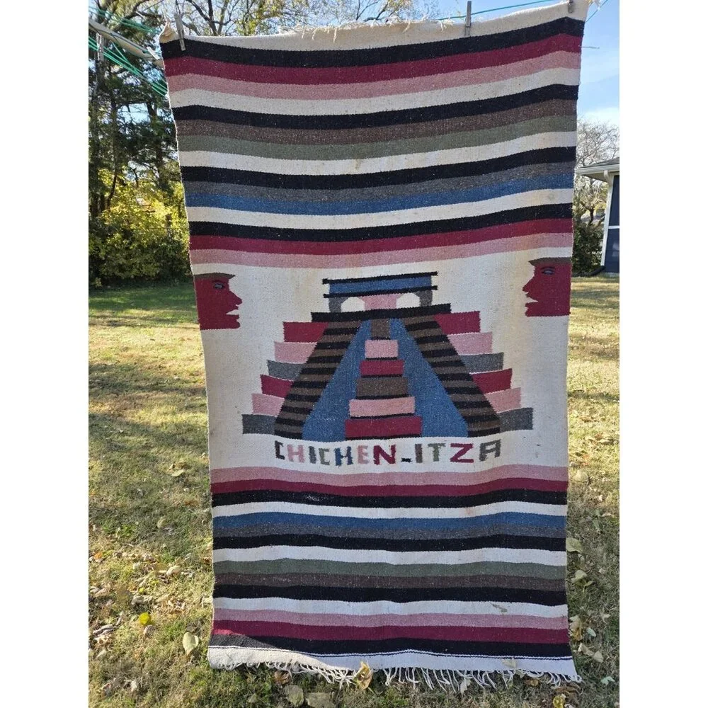Vintage Handwoven Mexican Sherpa Blanket Tapestry Rug Chichen Itza 44x76 Aztec‎